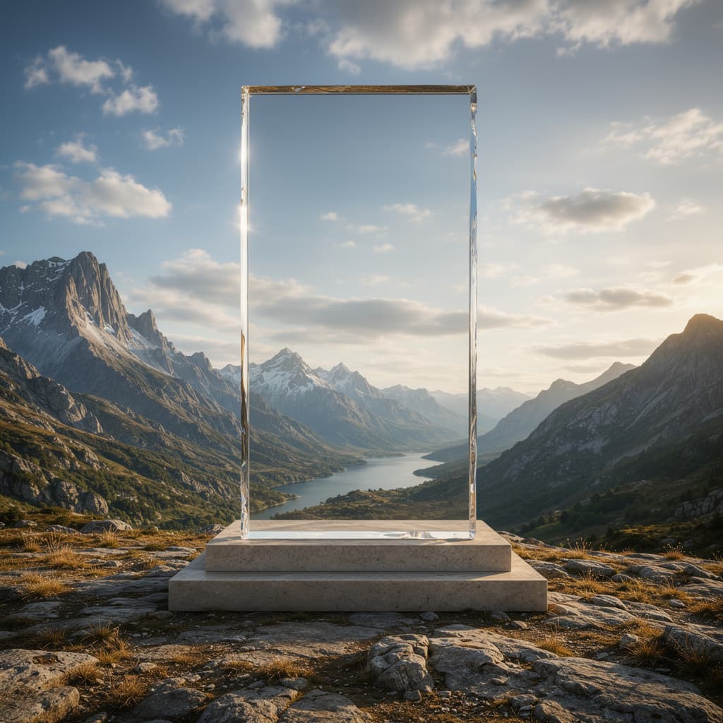 A monumental slab of flawless optical quartz standing on a stone plinth in an alpine valley. The quartz introduces no distortion, so the landscape behind it is visible exactly as it is.