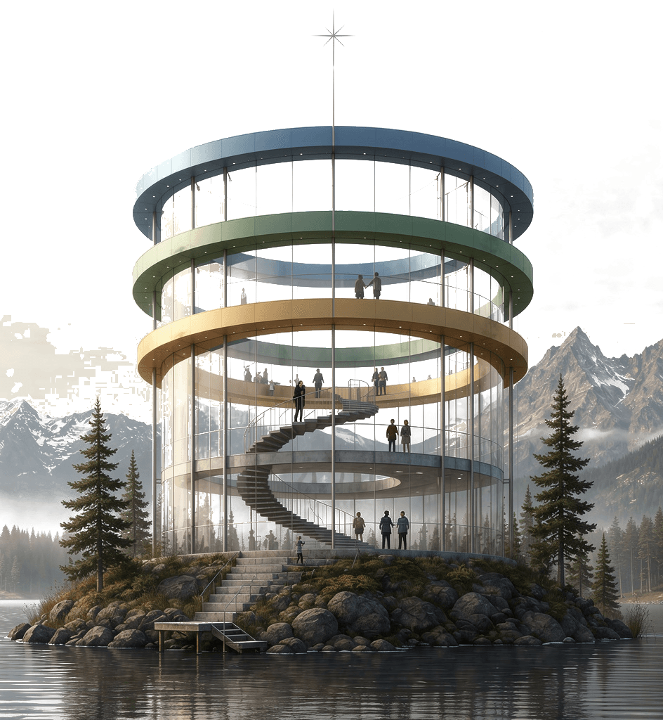 The Observatory: an illustrated structure for the Meridian Framework. Its Armillary — three glass rings for knowledge, judgment, and voice — circles a spiral stair, rooted on an island with its dock and roots visible, rising toward the North Star.